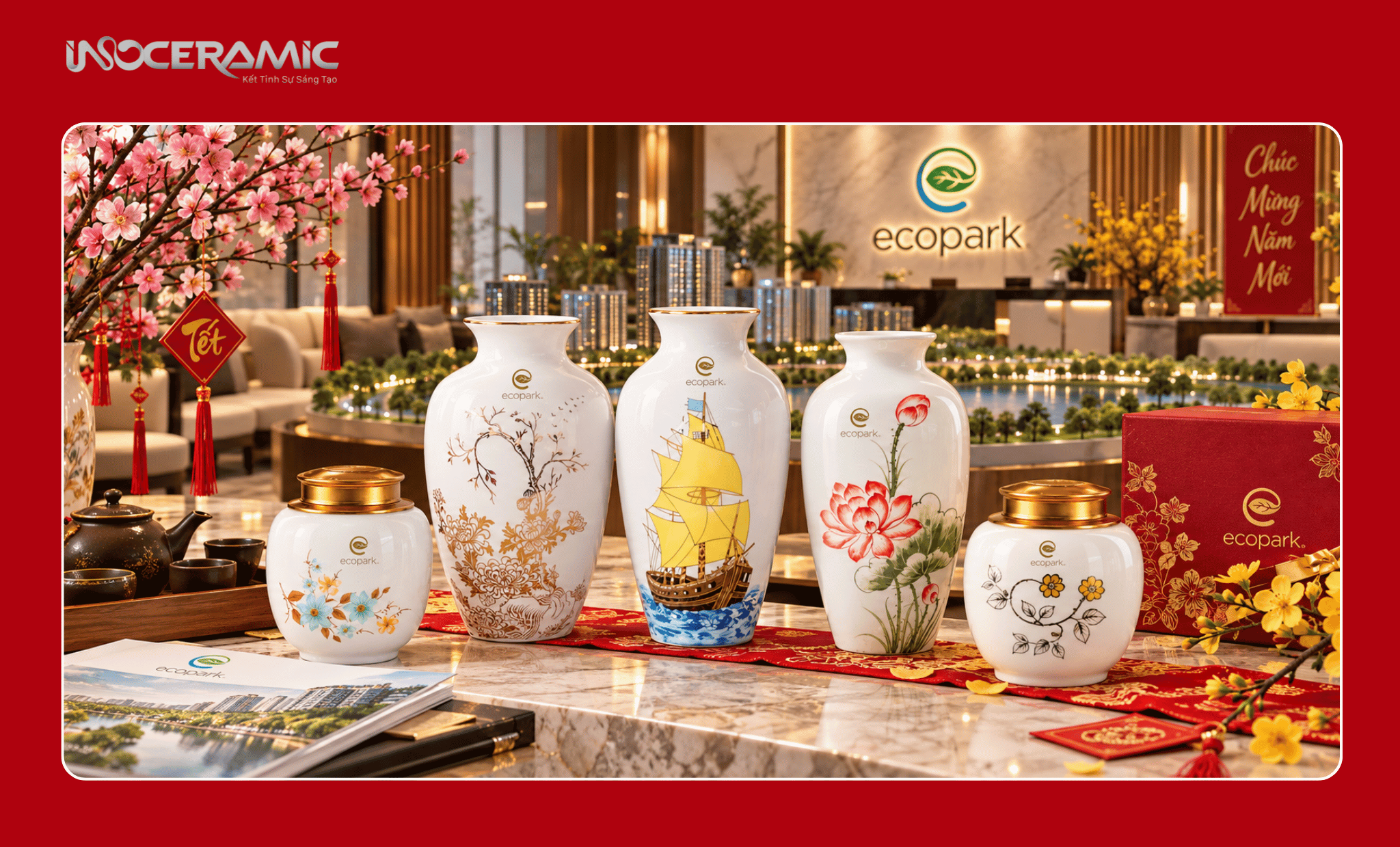 Lọ hoa gốm sứ và hũ trà làm quà tết cho công ty Bất động sản