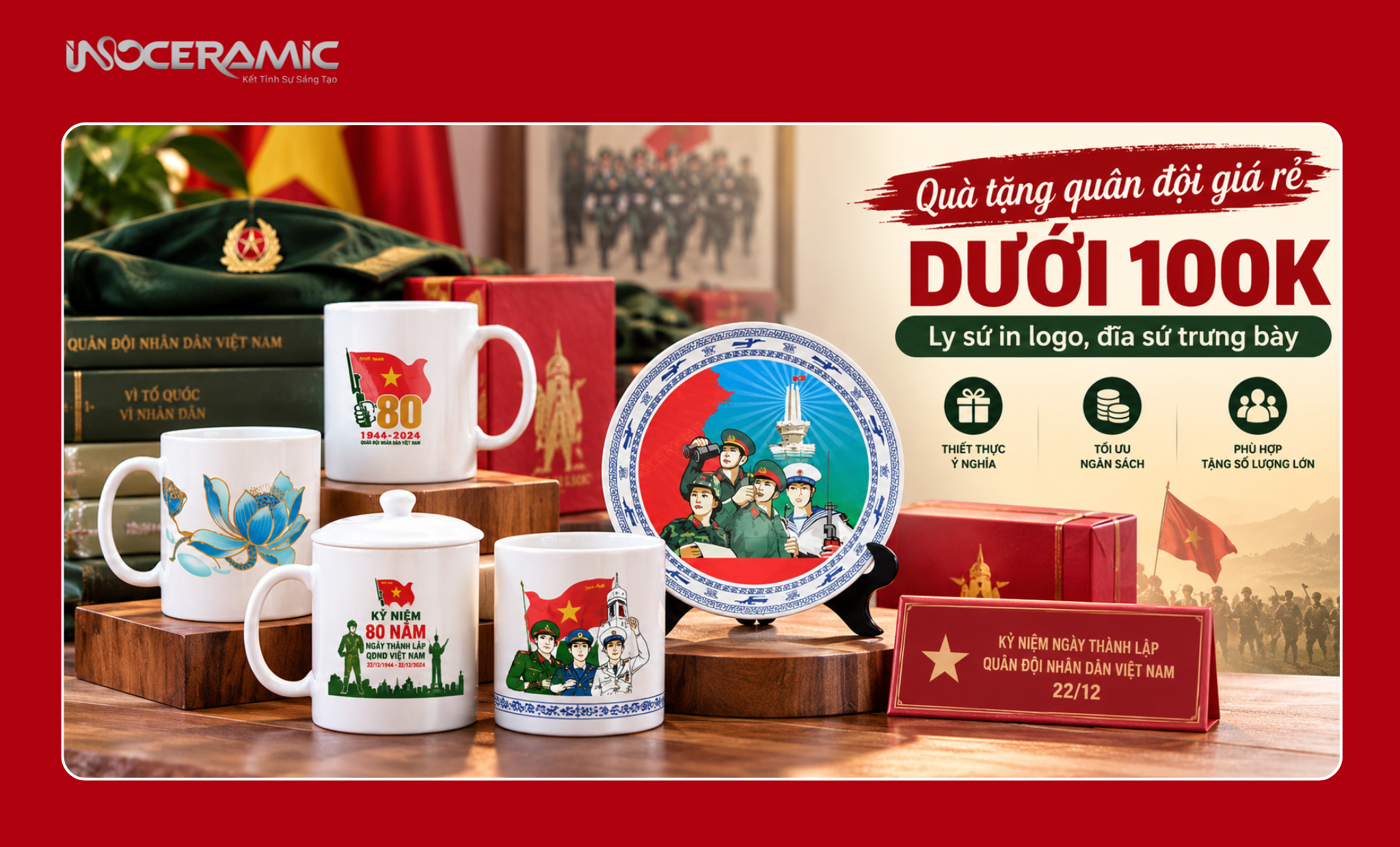 Ly sứ in logo và đĩa trưng bày là lựa chọn quà tặng ngành quân đội tối ưu cho ngân sách dưới 100k