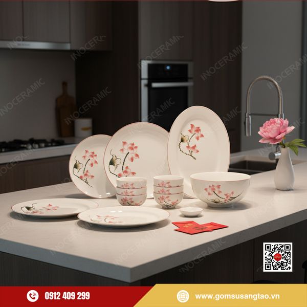 Bộ bát cơm sen hồng vẽ tay thủ công quà tặng doanh nghiệp