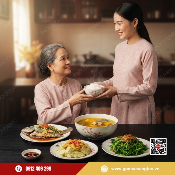 Hộp quà tết bộ chén cơm hoa sen hồng sang trọng