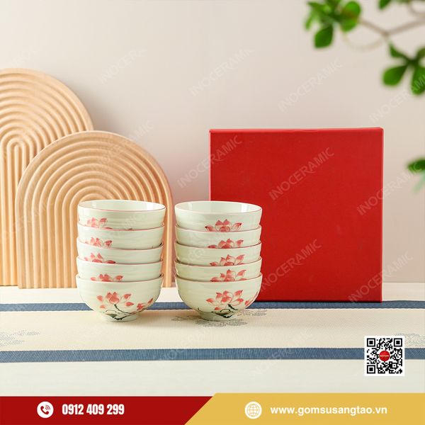 Set quà tết gốm sứ Bát Tràng bát cơm hoa sen hồng