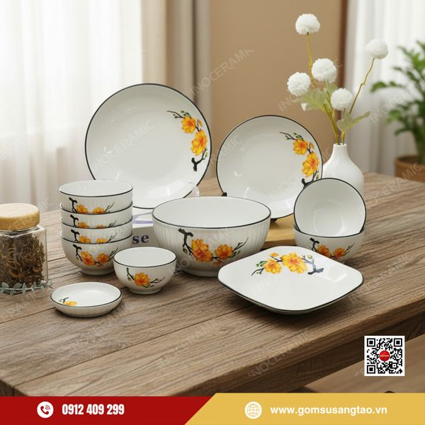 Set quà Tết bộ chén bát hoa mai vàng sang trọng cho nhân viên, khách hàng.