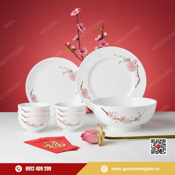 bộ bát đĩa hoa đào hồng 9 sản phẩm làm quà Tết cao cấp