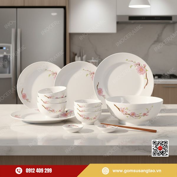 set bát đĩa gốm sứ hoa đào hồng sang trọng