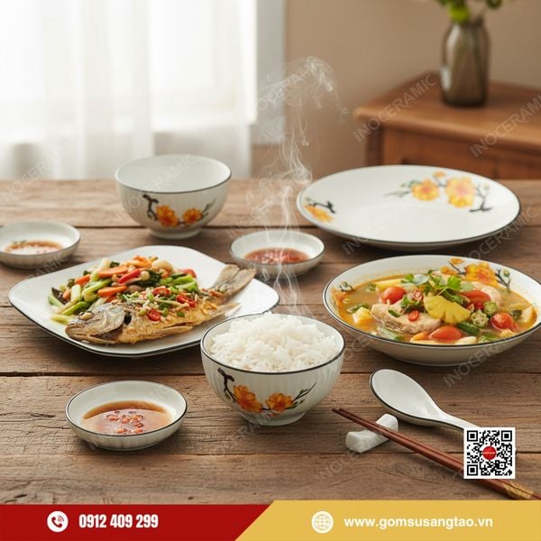 Hộp quà Tết bộ bát đĩa gốm sứ Bát Tràng in logo doanh nghiệp cao cấp.