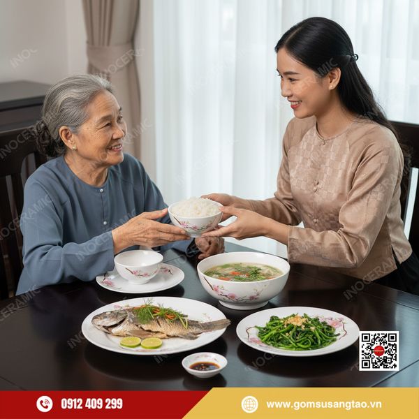 quà Tết doanh nghiệp bộ chén bát hoa đào