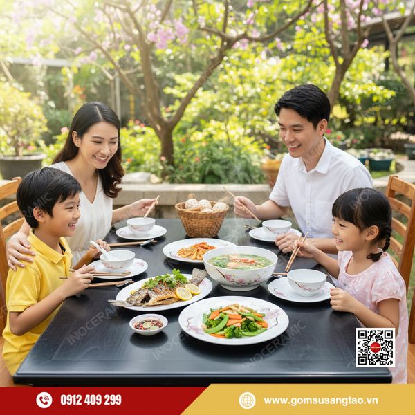 bộ bát cơm hoa đào hồng làm quà khách hàng