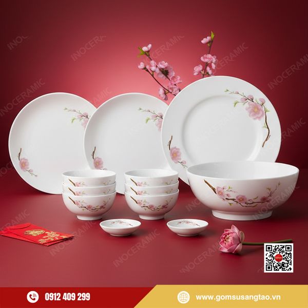 bộ bát đĩa hoa đào hồng 12 sản phẩm làm quà Tết cao cấp