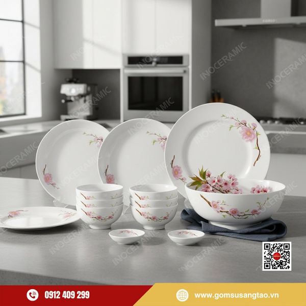 set bát đĩa gốm sứ hoa đào hồng sang trọng