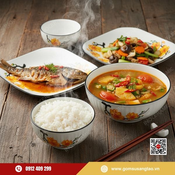 Bộ bát đĩa hoa mai vàng Bát Tràng – quà Tết công đoàn thiết thực, ý nghĩa.