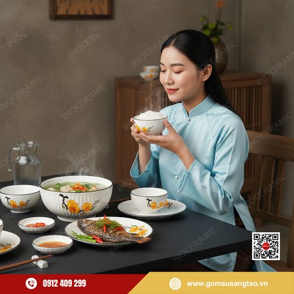 Set quà Tết 12 món bát đĩa hoa mai Bát Tràng – tinh hoa quà tặng Việt.