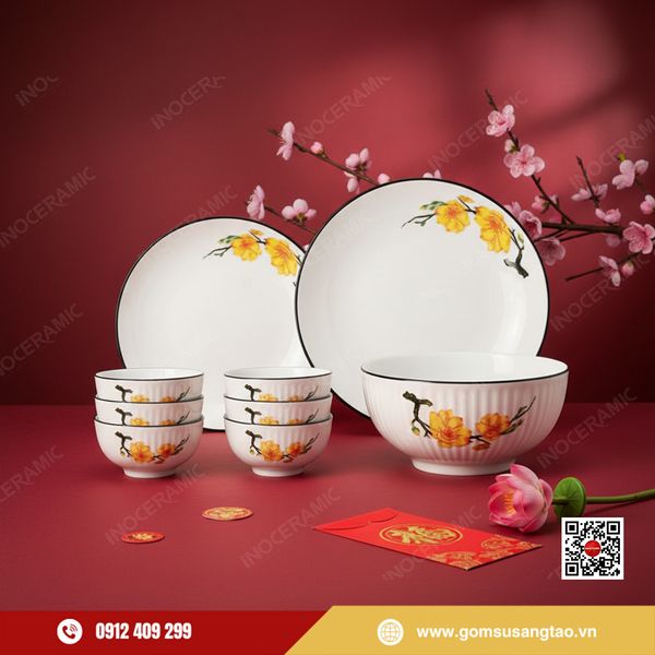 Bộ bát đĩa hoa mai 9 sản phẩm gốm sứ Bát Tràng làm quà Tết doanh nghiệp cao cấp
