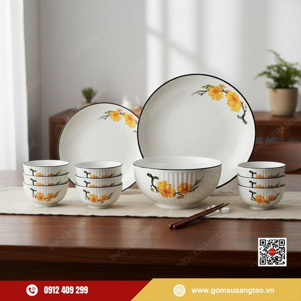 Set quà Tết bộ chén bát hoa mai vàng Bát Tràng sang trọng và ý nghĩa