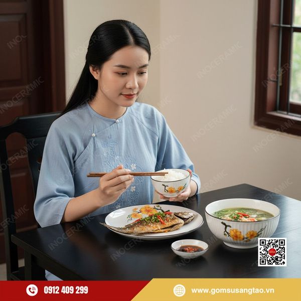 Hộp quà Tết bộ bát đĩa hoa mai in logo thương hiệu doanh nghiệp