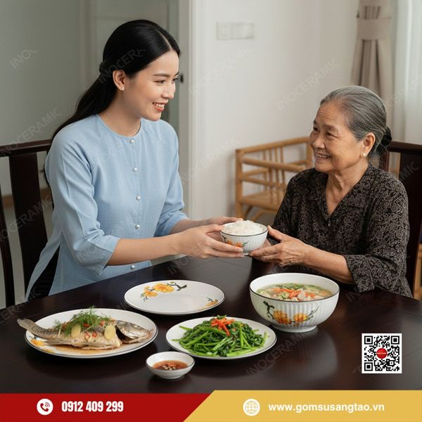 Bộ bát đĩa hoa mai vàng Bát Tràng – quà Tết công đoàn thiết thực, tinh tế