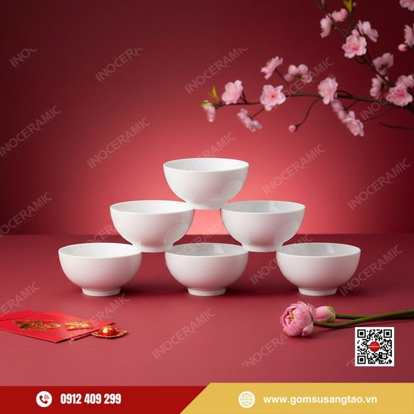 Bộ bát cơm 6 sản phẩm gốm sứ Bát Tràng làm quà Tết doanh nghiệp cao cấp