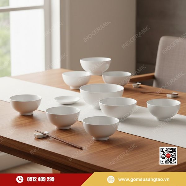 Set quà Tết bộ chén cơm gốm sứ trắng tinh khôi cho nhân viên, khách hàng