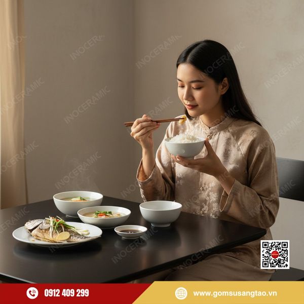 Quà Tết doanh nghiệp bộ bát cơm gốm sứ Bát Tràng trắng sang trọng