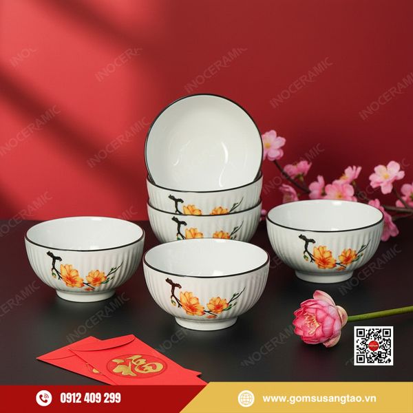 Bộ 6 bát cơm hoa mai gốm sứ Bát Tràng làm quà Tết doanh nghiệp cao cấp