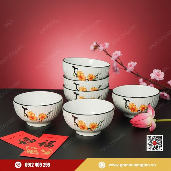 Bộ chén cơm hoa mai Bát Tràng sang trọng dùng làm quà Tết cho nhân viên