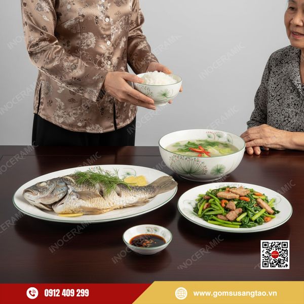 Hộp quà Tết bộ bát cơm gốm sứ Bát Tràng in logo thương hiệu doanh nghiệp