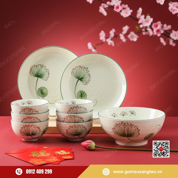 Bộ bát đĩa hoa bồ công anh gốm sứ Bát Tràng làm quà Tết doanh nghiệp cao cấp