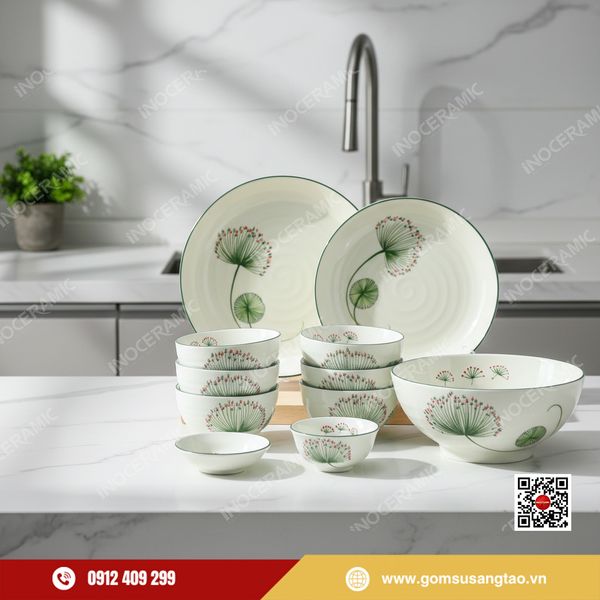 Set quà Tết gốm sứ Bát Tràng bộ bát đĩa hoa bồ công anh sang trọng, tinh tế