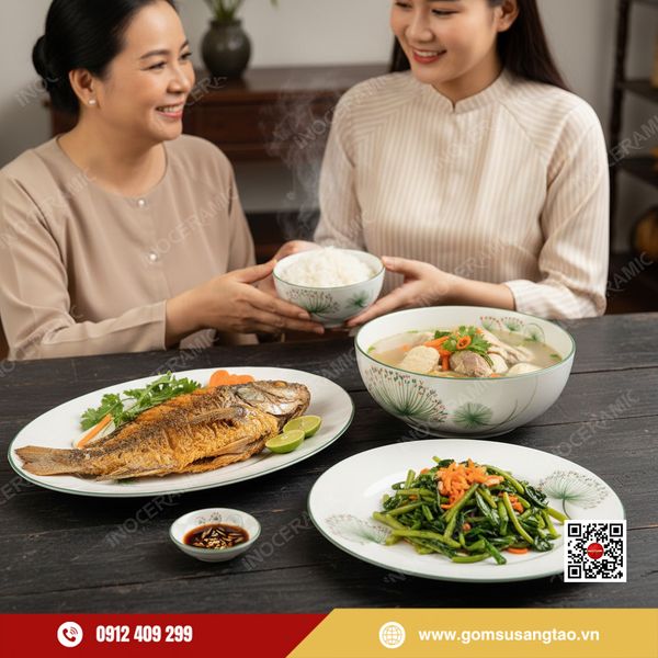 Hộp quà Tết bộ bát đĩa gốm sứ Bát Tràng in logo thương hiệu doanh nghiệp