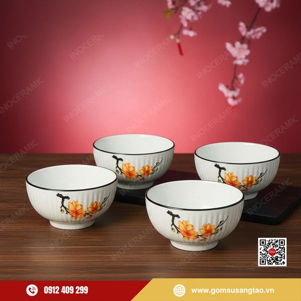 Hộp quà Tết bộ bát cơm hoa mai in logo doanh nghiệp tặng khách hàng