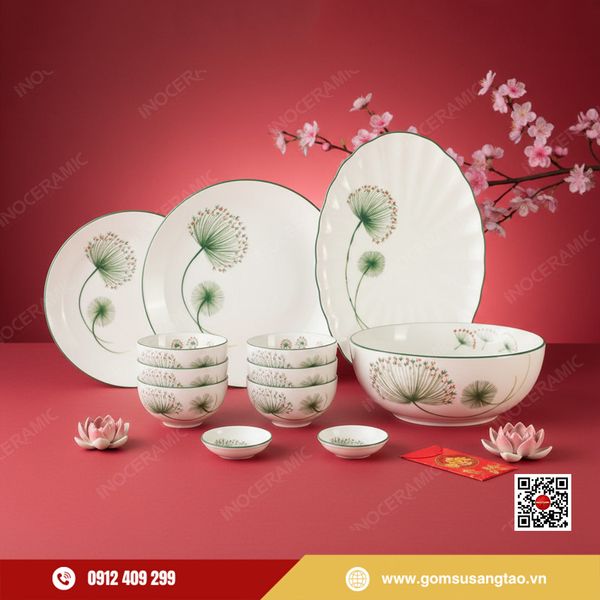 Bộ bát đĩa hoa bồ công anh gốm sứ Bát Tràng làm quà Tết doanh nghiệp cao cấp