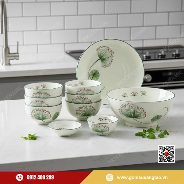 Hộp quà Tết bộ bát đĩa gốm sứ Bát Tràng in logo thương hiệu doanh nghiệp