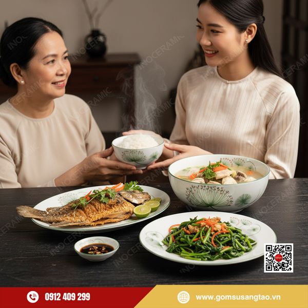 Bộ bát đĩa 12 sản phẩm hoa bồ công anh Bát Tràng – quà Tết công đoàn thiết thực