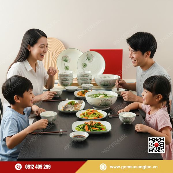 Set quà Tết gốm sứ Bát Tràng bộ bát đĩa hoa bồ công anh sang trọng, tinh tế