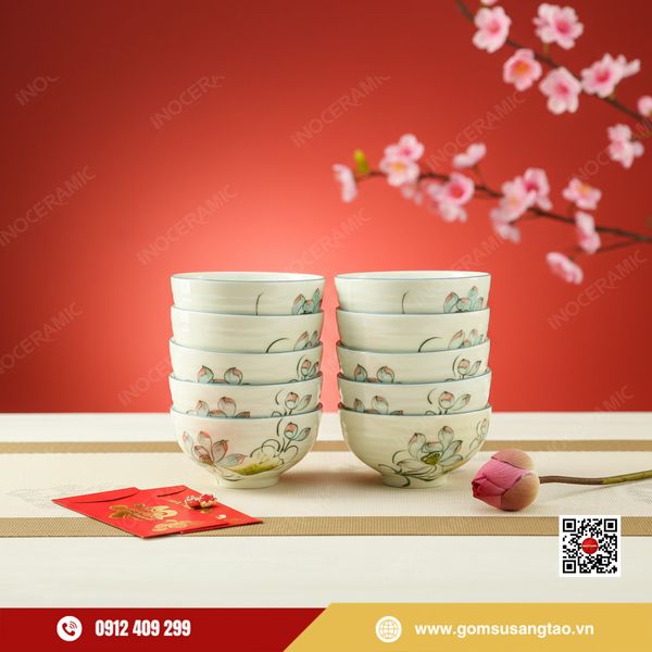 Bộ 10 bát cơm hoa sen xanh gốm sứ Bát Tràng làm quà Tết sang trọng