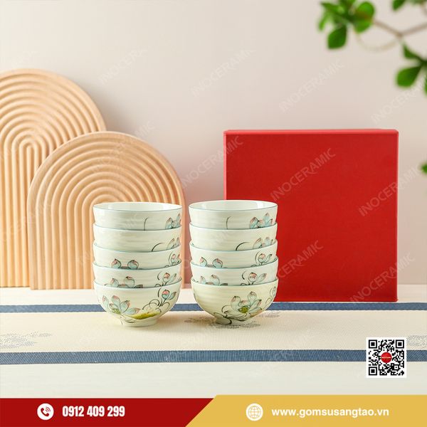 Set quà Tết bộ bát cơm hoa sen xanh vẽ tay thủ công tinh tế