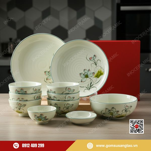 Bộ chén cơm hoa sen xanh Bát Tràng – quà Tết công đoàn ý nghĩa