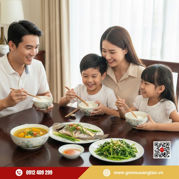 Quà Tết gốm sứ Bát Tràng bộ 10 bát cơm hoa sen xanh thiết thực và tinh tế