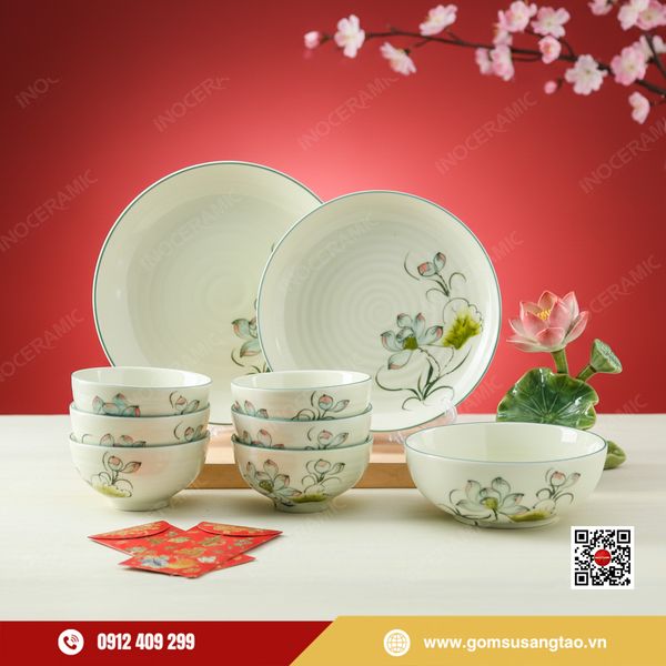 Bộ bát đĩa hoa sen xanh gốm sứ Bát Tràng làm quà Tết doanh nghiệp cao cấp
