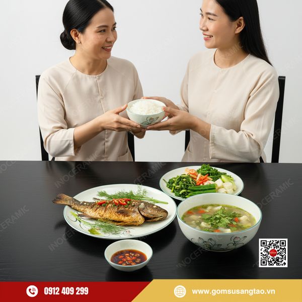 Bộ bát đĩa hoa sen xanh Bát Tràng – quà Tết công đoàn ý nghĩa