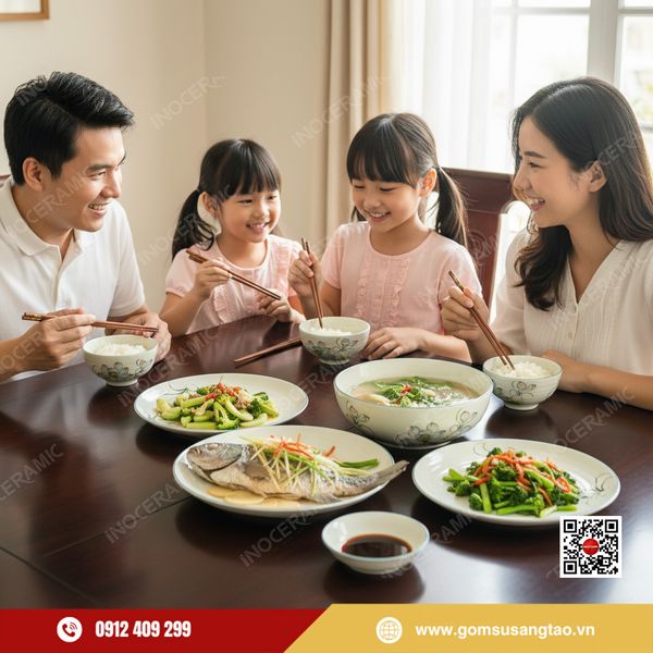 Set quà Tết gốm sứ Bát Tràng bộ bát đĩa hoa sen xanh thanh lịch