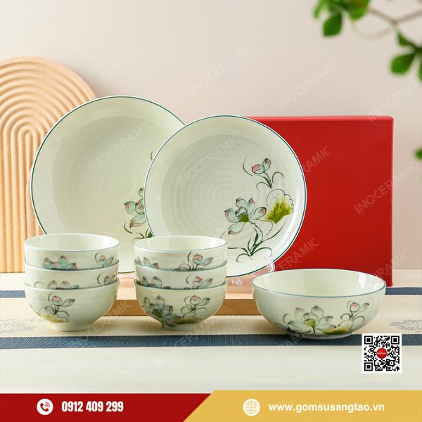 Set quà Tết bộ chén bát hoa sen xanh vẽ tay thủ công tinh tế