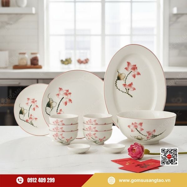Set quà Tết bộ chén bát hoa sen hồng vẽ tay thủ công sang trọng