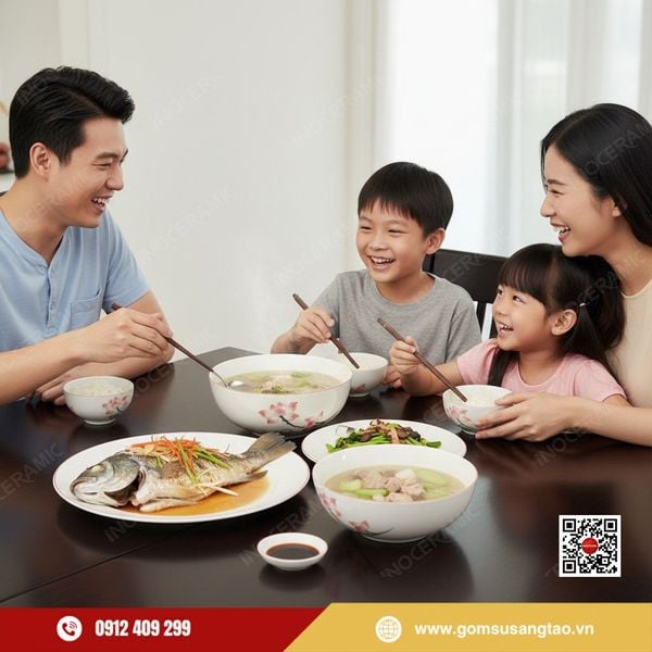 Bộ bát cơm hoa sen hồng Bát Tràng – quà Tết công đoàn tinh tế