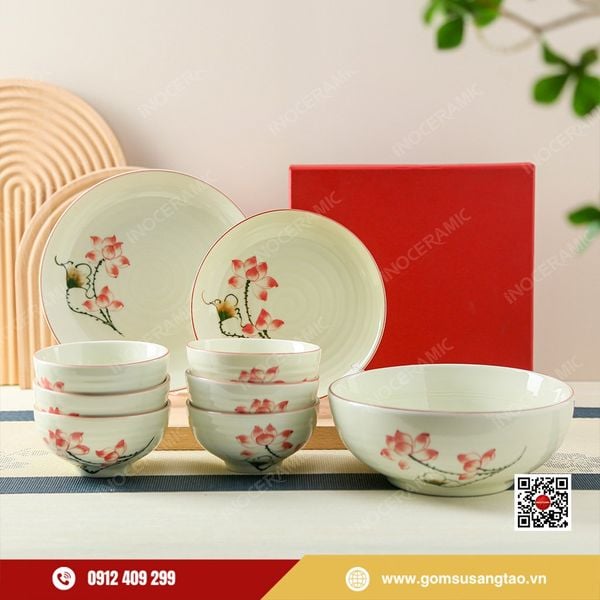 Quà Tết gốm sứ Bát Tràng bộ bát cơm hoa sen hồng sang trọng và ý nghĩa