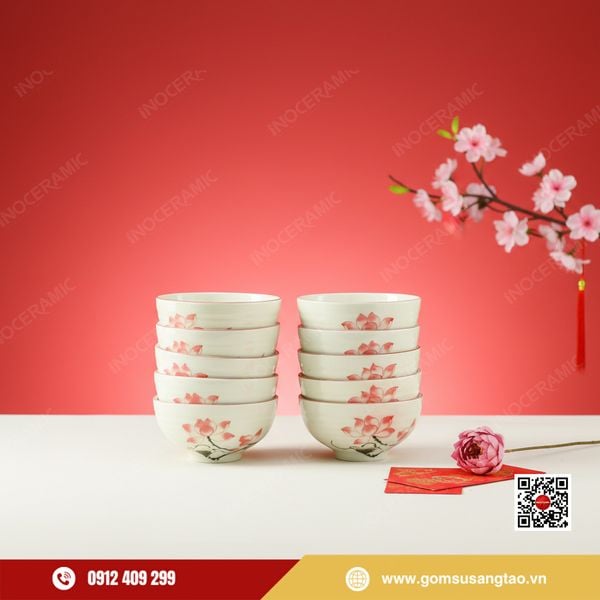 Set 10 bát cơm sen hồng gốm sứ Bát Tràng làm quà Tết