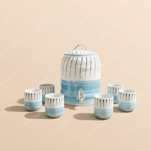 Bộ bình sứ đựng nước vòi xả inox gốm sứ Bát Tràng cao cấp