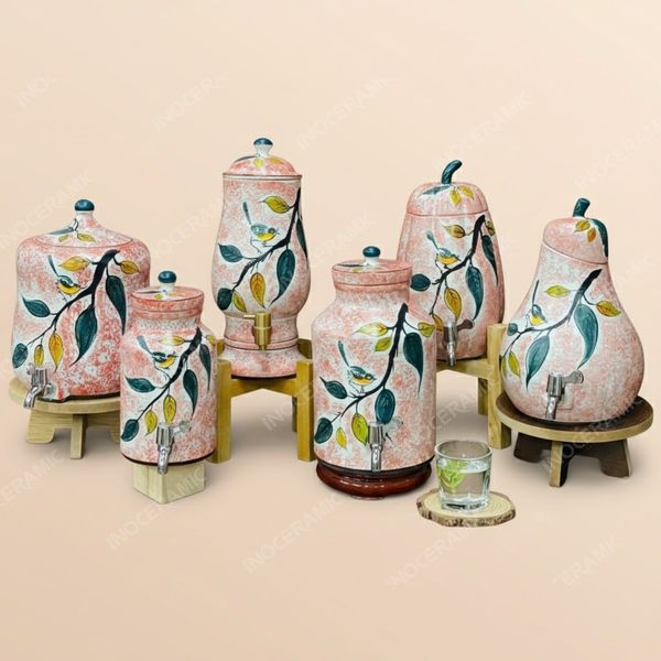 Bình đựng nước cành đào vẽ tay vòi inox Bát Tràng