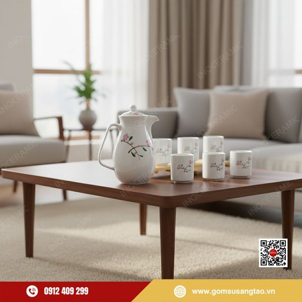 Bộ bình nước và cốc gốm sứ hoa đào hồng tặng công nhân nhân viên