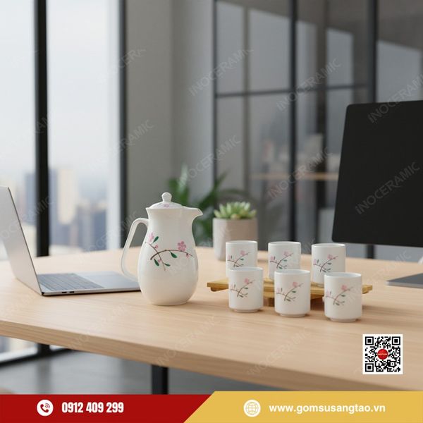 Sản phẩm gốm sứ Bát Tràng hoa đào hồng dùng làm quà Tết