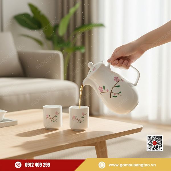 Bình nước gốm sứ hoa đào và 6 cốc Bát Tràng cao cấp